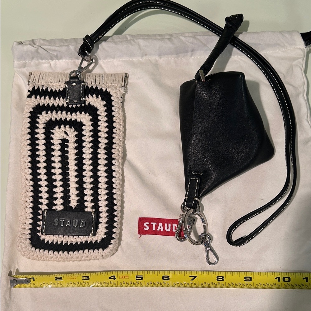 NWOT STAUD Artisanal Black & Cream Crochet Pouch & Black Leather Mini Bag Charm. - Picture 12 of 15